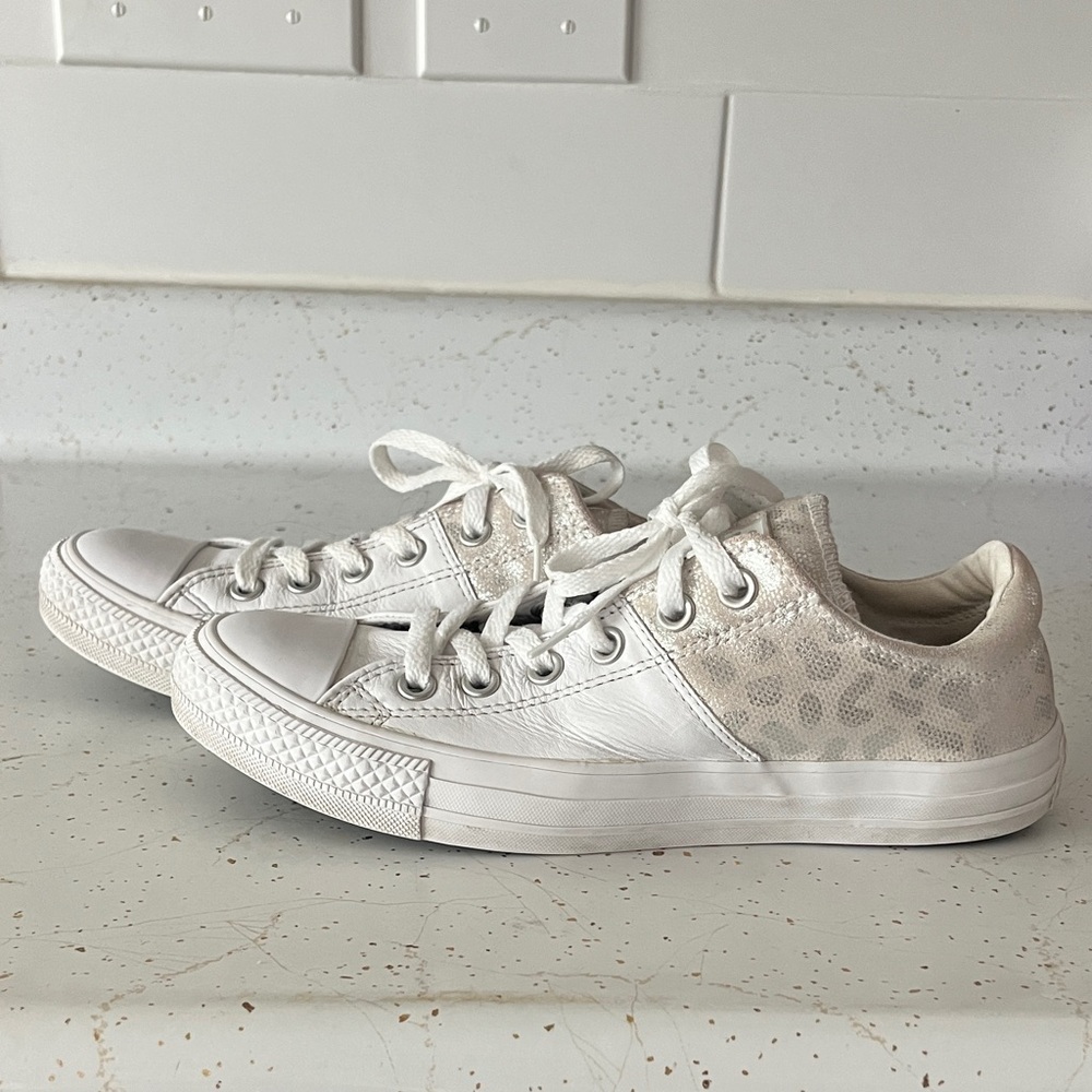 Converse White, Cream & Metallic Cheetah Print Sneakers